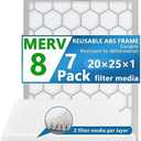 OlitAir 20x25x1 MERV 8 Air Filter,AC Furnace Air Filter,Reusable ABS Plastic Frame, 7 Pack Replaceable Filter Media (Actual Size: 19 3/4" x 24 3/4" x 3/4")