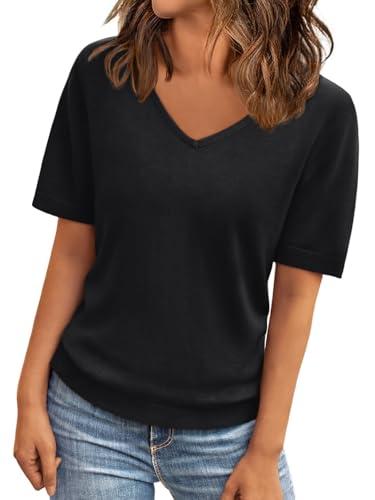 LILLUSORY Womens Short Sleeve Sweaters V Neck Tops Business Casual Lightweight Knit Comfy Blouses Summer Fashion Outfits 2025 Black L