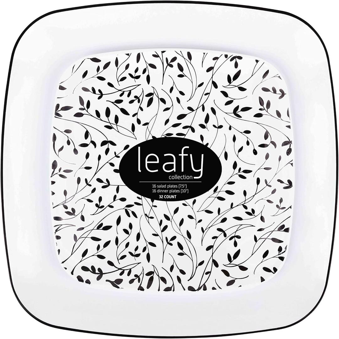 PLASTICPRO Square 32 Piece Combo Plates Set includes 16 x 7'' inch Salad Plates & 16 x 10'' inch Dinner Plates White Plastic withBlack Leaf Design Party Plates, Premium Elegant, Tableware,