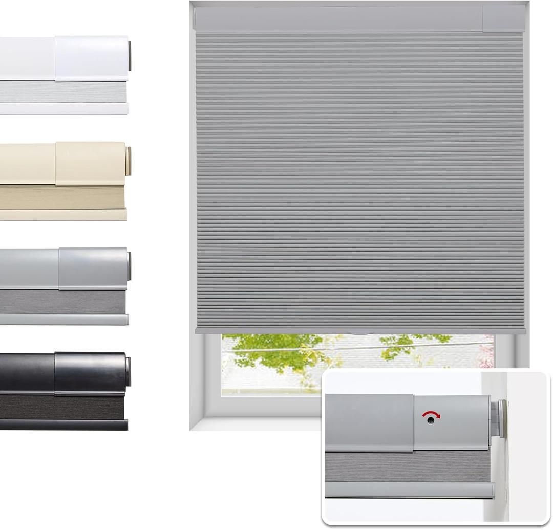 No Drill Cellular Shades for Indoor Windows, Thermal Insulating & Noise Reducing Honeycomb Blinds, Free Stop Cordless Blackout Shades, Grey, 34 1/2" W x 64" H