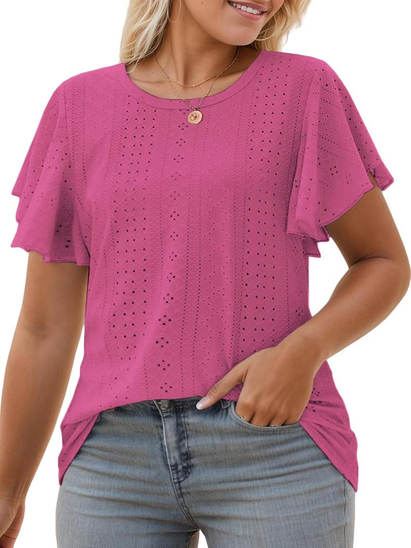 VISLILY Womens-Plus-Size-Summer-Tops Ruffle Short Sleeve T Shirts Crewneck Eyelet Tunics Casual Loose Tee (Pink, XXXL)