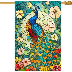 2 x Peacock House Flag 28x40 Inch Double Sided Garden Flag with Colorful Stained Glass Bird and Floral Design for Yard Porch Outdoor Decor Spring Summer Vertical Banner Decorative Art