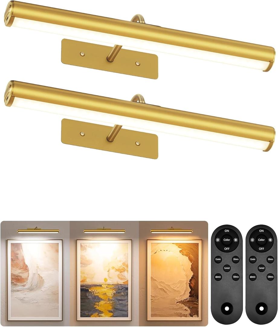 EZVALO 16" Picture Lights for Wall, Rechargeable 6000mAh Painting Lights with Remote, Wireless Dimmable 3 Color Temperatures Art Lights for Gallery, Living Room, Hallway (Gold, 3 Pack)