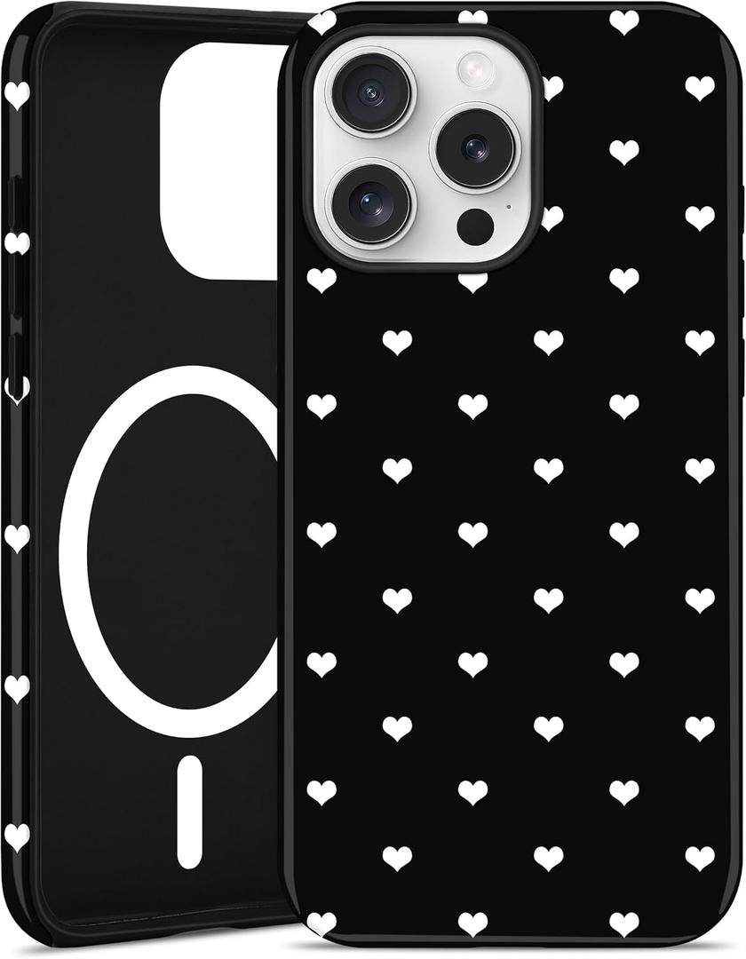 Jusy Compatible with MagSafe Valentines Case for iPhone 15 Pro, Heart Design Magnetic Phone Case, Soft TPU and Hard PC Protective Phone Cover for Women Girls（Matte), Black