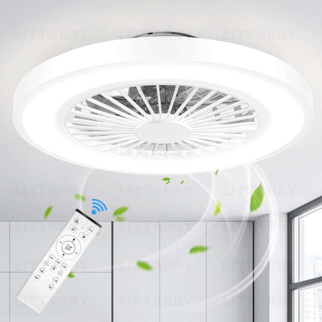 Ceiling Fans with Lights and Remote, 22 Inch Enclosed Bladeless Dimmable Ceiling Fans Flush Mount, Black Modern Low Profile Ceiling Fan with Light for Bedroom, Kitchen, Living Room, Dining Room