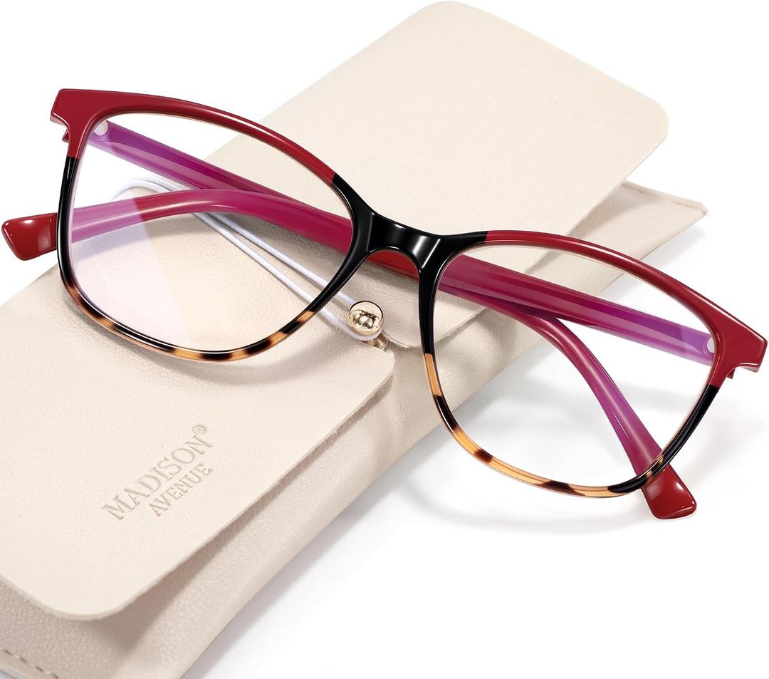 Madison Avenue Square Vintage TR90 Blue Light Blocking Reading Glasses for Women, Anti Eyestrain/Glare Computer Readers