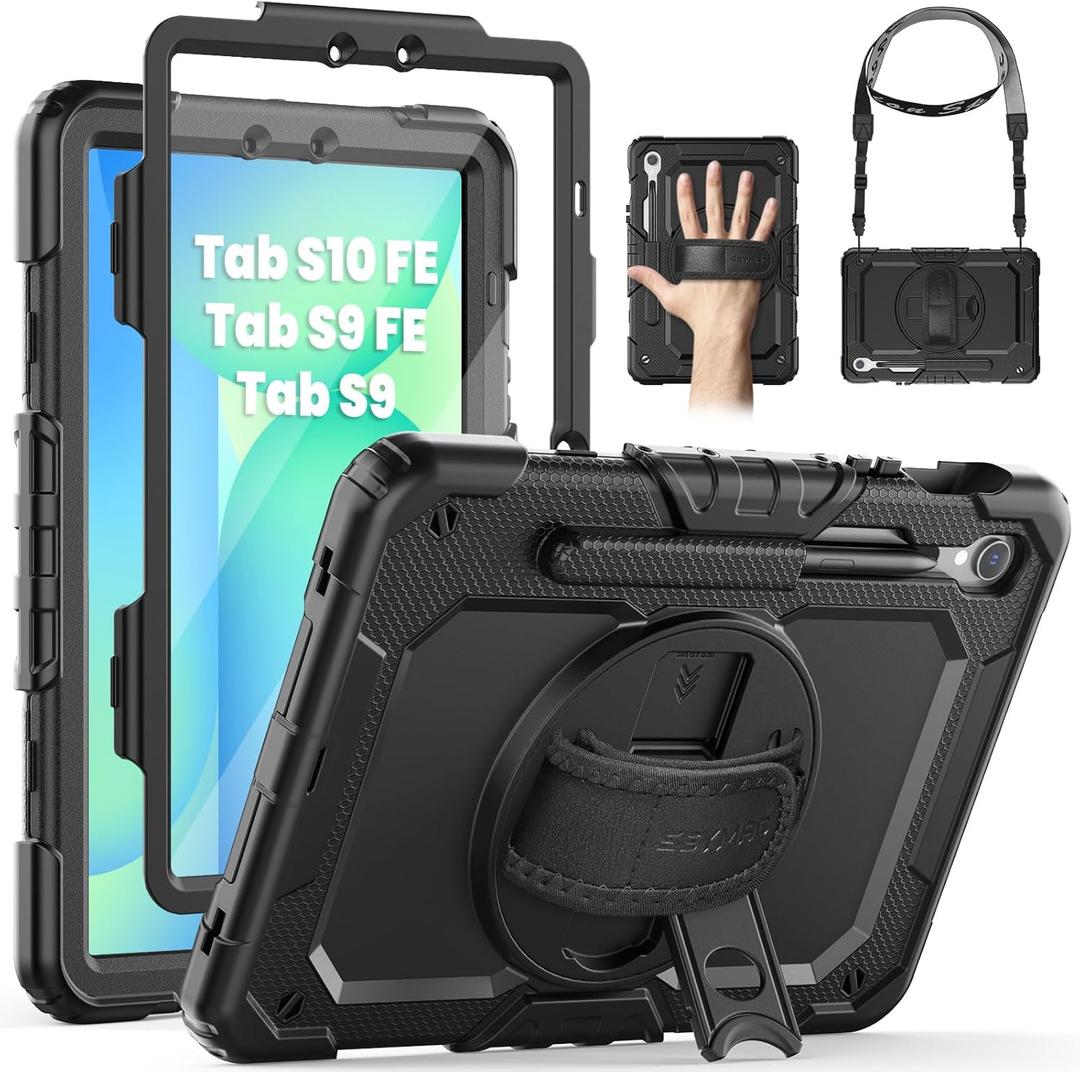 SEYMAC for Samsung Galaxy Tab S10 FE/ S9 FE/ S9 5G Case (10.9''/11''), Heavy Duty Shockproof Protective Case with Screen Protector, Rotating Stand, Hand Strap and Pen Holder, Black