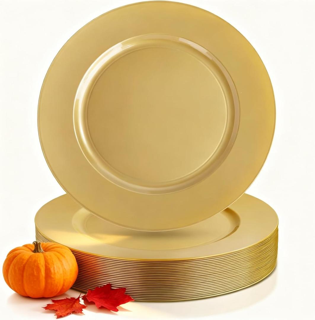 WDF 12Inch Plastic Charger Plates - 25Pack Gold Charge for Dinner - Disposable Gold Charge Plates - Perfect for Dinner/Wedding/Thanksgiving Party/Elegant Tabletop Decor