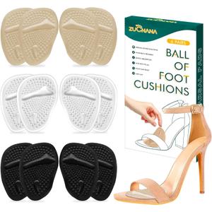 ZUCNANA Metatarsal Pads Ball of Foot Cushions (6 Pairs), Non Slip High Heel Cushion Inserts Women, One Size Fits All Shoe Inserts for Women and Men, Reusable Foot Pads All Day Pain Relief and Comfort (Beige + Black + Clear)