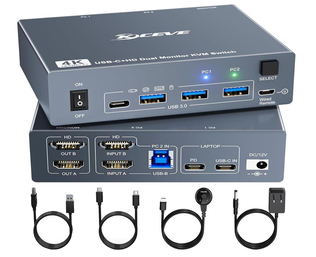 KVM Switch 2 Monitors for 1 Laptop and 1 Desktop 4K@60Hz, USB C HDMI Dual Monitor KVM Switch, Docking Station KVM Switches with 4 USB 3.0 Port, 80W PD Charging, Wired Remote and USB-C Cable Included