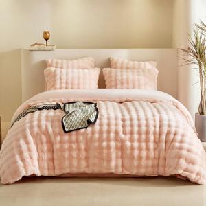 Tokokimo Pink Fluffy Comforter Cover Queen Set, Faux Rabbit Fur Duvet Cover Set 3 Pieces (1 Shaggy Duvet Cover + 2 Pillowcases) Fuzzy Bedding Set (Queen)