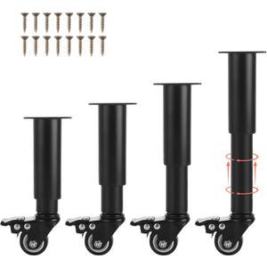 WOPPLXY 4 Pcs 7-10 Inch Metal Adjustable Furniture Legs with Swivel Caster Wheels, Heavy Duty Replacement Support Legs, Metal Legs for Table with Wheels for Cabinet/Sofa/Bed/Dresser/Couch/Coffee Table