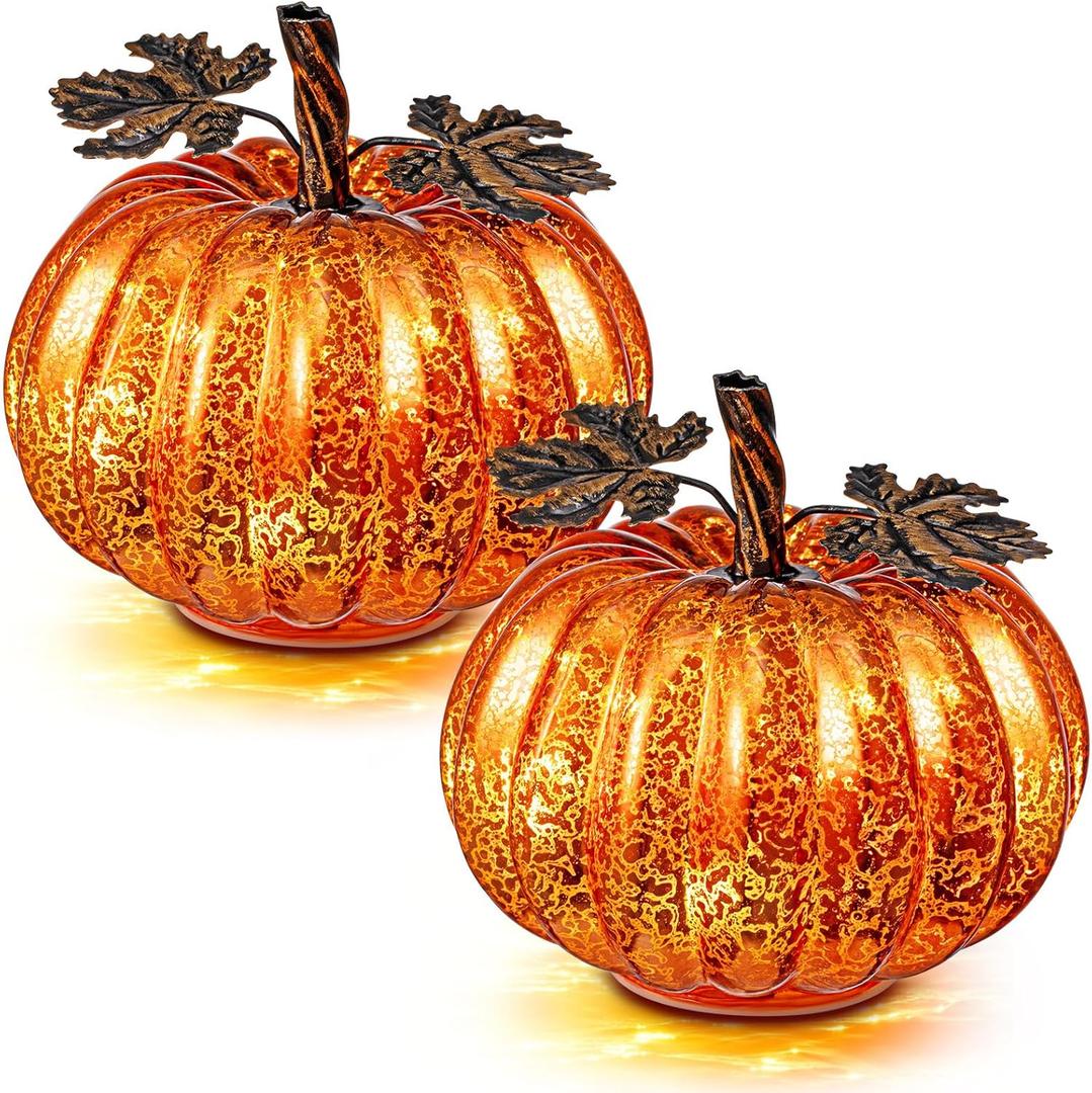 2 Pcs Fall Thanksgiving Glass Pumpkin Halloween Light up Lit Mercury Glass Pumpkins Light with Timer LED Battery Operated for Home Table Decor Centerpieces Kitchen