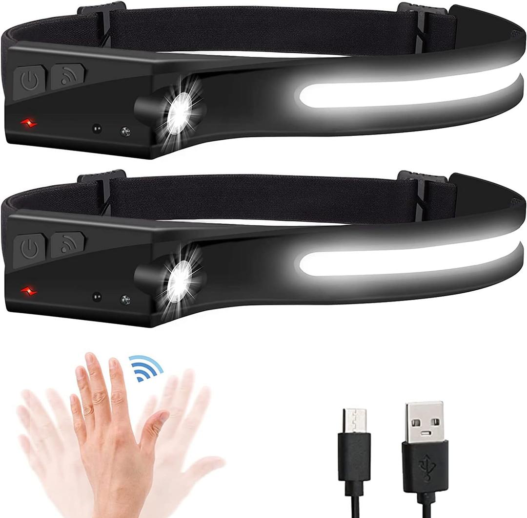 Headlamp Flashlight, 2Pack Rechargeable LED Headlamps 1200Lumens 2 COB 230Wide Beam Headlight with Motion Sensor Bright 5 Modes Lightweight Waterproof Head Lamp for Outdoor Running, Camping Hiking (Black+Black)