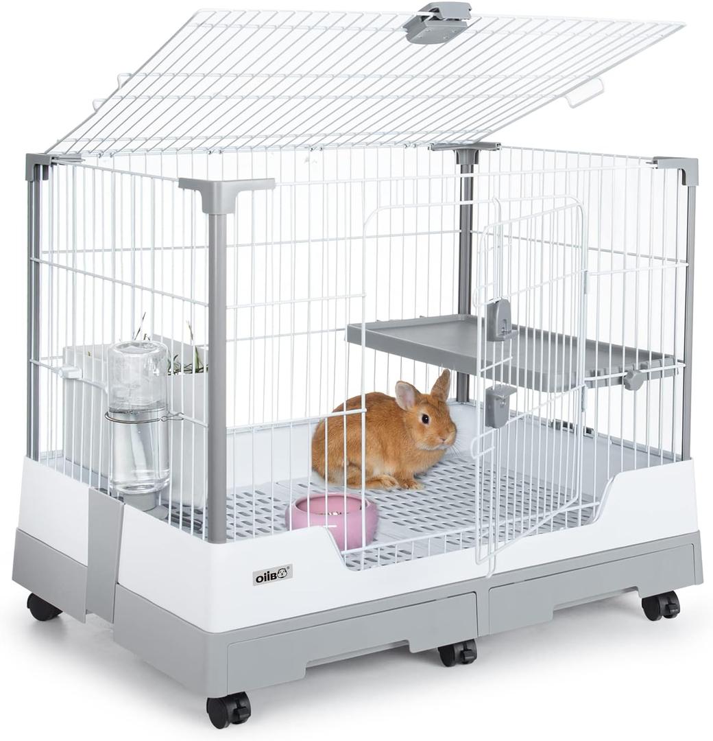 OIIBO Deluxe Rabbit Cage, 32"  21"  26" Large Space Bunny Cage Foldable Small Animal Cage with Pull Out Tray and Caster Platform, Professional Household Anti-Spray Urine Rabbit Cage Hutch Indoor