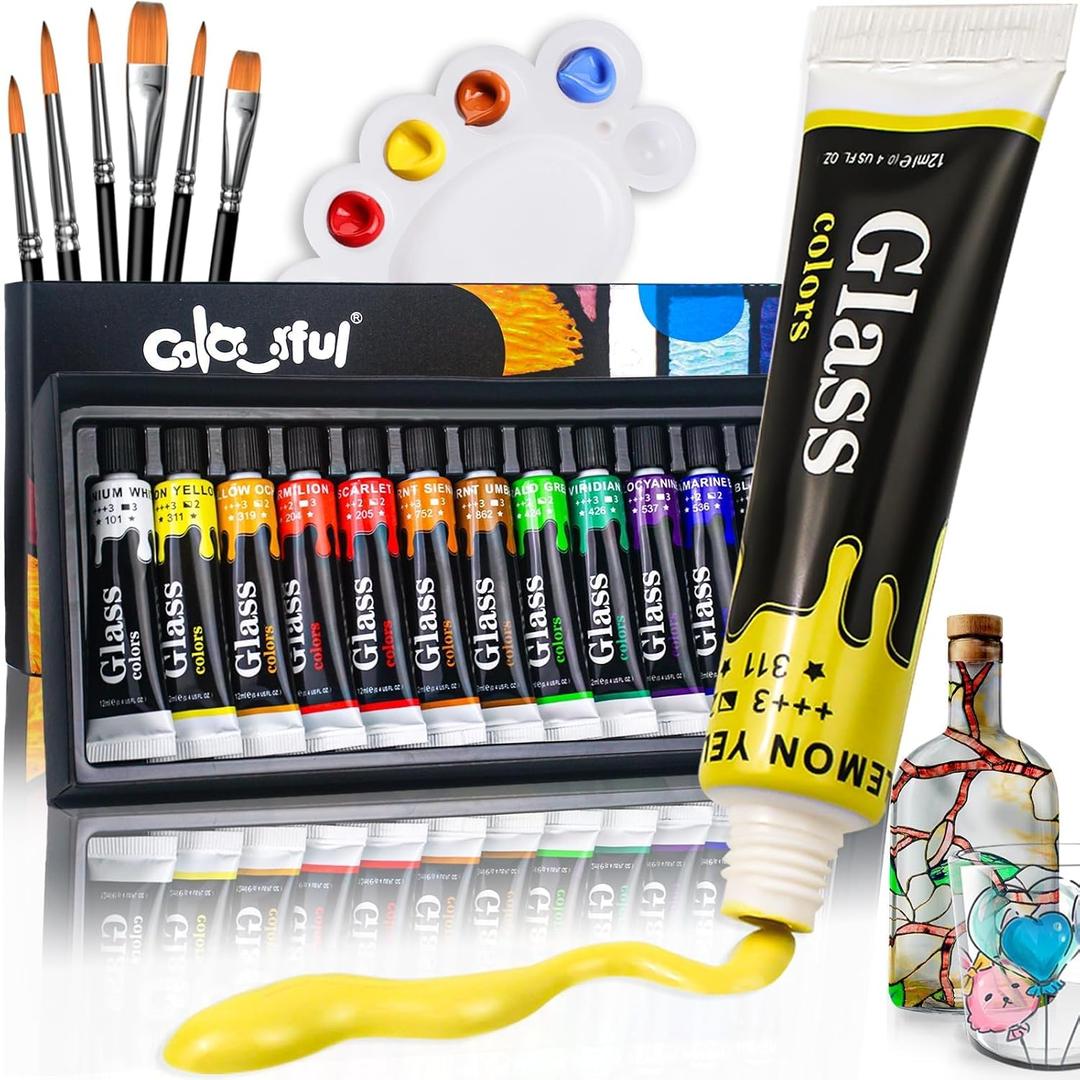 Colorful Acrylic Glass Paint Set with 6 Brushes, 1 Palette, 12 Colors Stain Glass Paints for Wine, Waterproof Acrylic Enamel Paint Kit to Create Translucent Arts on Porcelain, Window & Ceramic (0.4 Fl Oz (Pack of 12))