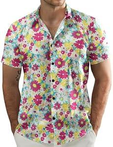 JOGAL Men's Flower Casual Short Sleeve Aloha Hawaiian Shirt White Pink Daisy Large