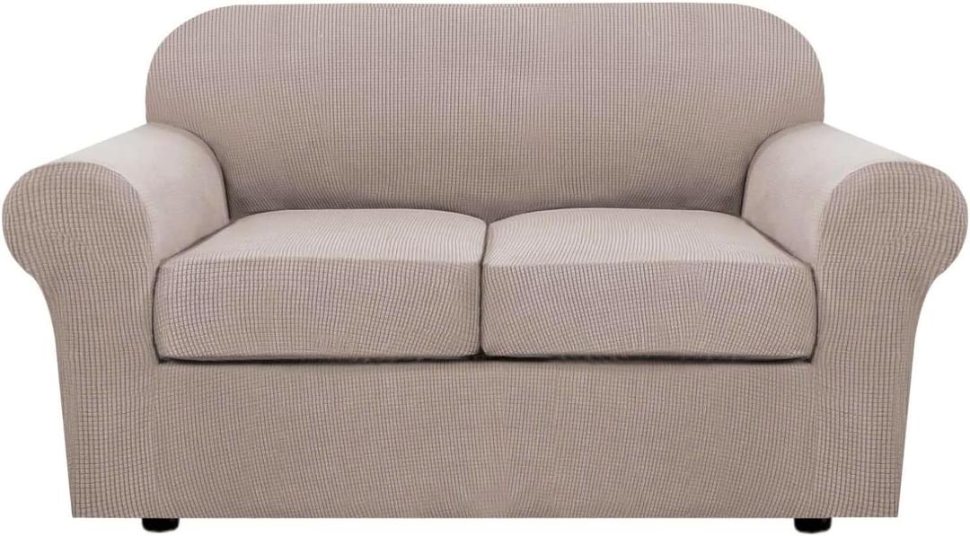 H.VERSAILTEX 3 Piece Stretch Sofa Covers for 2 Cushion Loveseat Couch Covers for Living Room Furniture Cover (Base Cover Plus 2 Seat Cushion Covers) Thicker Jacquard Fabric(Medium Sofa, Sand)
