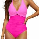 Tummy Control One Piece Swimsuits - Women Halter Bathing Suit 2025 Twist Front Cut Out Full Coverage Swimwear (Medium, Pink)