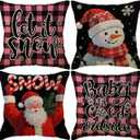 4pack Winter Snow Throw Pillow Case Buffalo Check Plaid with Snowman Santa Cushion Covers Christmas Winter Holiday Farmhouse Decorative Pillowcases 18 x 18 Inches for Sofa Couch(Pink)