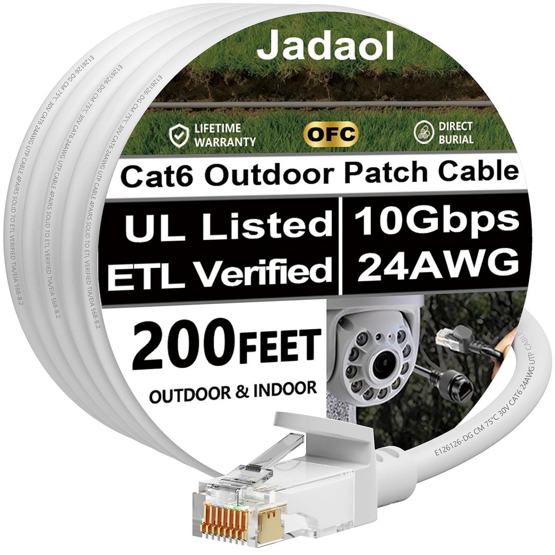 Jadaol Cat 6 Ethernet Cable 200ft (60.96m), Outdoor&Indoor, Support Cat8/7 Network LAN Cable, Up to 10Gbps Cat6 UTP 24AWG Pure Copper RJ45 Internet LAN Patch Cord for Router, Modem, Switch, PoE, White