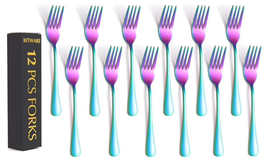 Rainbow Fork Set Of 12 Pieces, Iridescent Silverware Salad Forks, Stainless Steel Cutlery, KITWARE Kitchen Utensils, New Appartment Essential Tableware