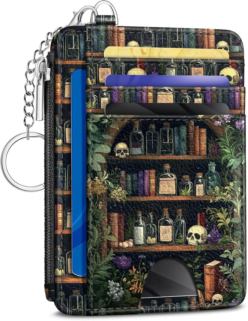 Goth Bookshelf Skull Credit Card Holder Small Wallet Women, Gothic Witchy Slim RFID Blocking Wallet Woman Keychain Zipper Coin Pocket, Front Pocket Thin Travel Card Case ID Window Ladies Gift