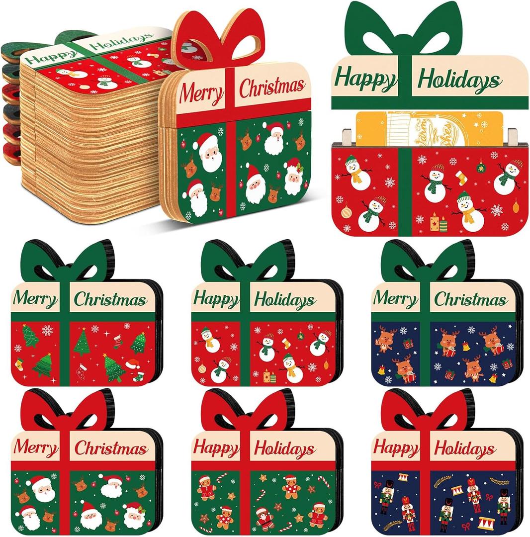 Cinnvoice 6 Pcs Christmas Gift Card Holders Gift Box Shaped Wooden Money Holders Money and Shopping Card Sleeves Cash Sleeves Winter Holiday Decor
