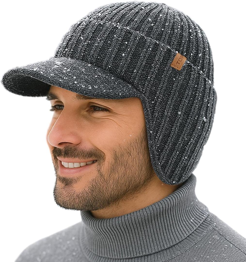 TOP-EX DryKnit Waterproof Merino Wool Beanie Hat with Brim Ear Flaps Fleece Lined Ski Cap for Cold Weather & Large Heads (Gray)