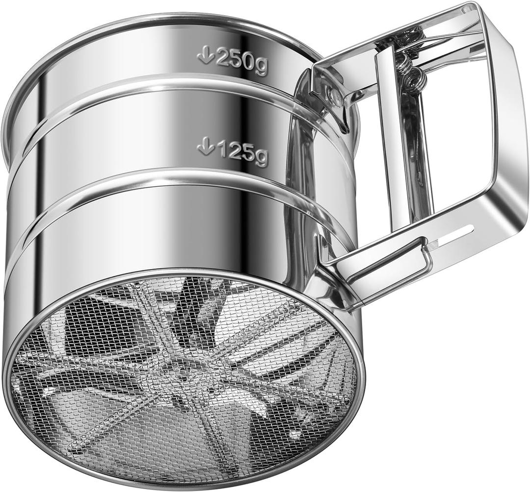 Upgraded 3-Cup Flour Sifter for Baking, 3-in-1 One-Hand Press Flower Sifter, Stainless Steel Baking Sifter Flour with Double-Layer Fine Mesh, Super Smooth Flour Sieve Baker for Quick Sifting