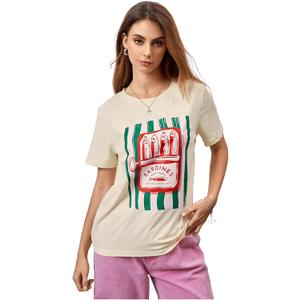 RoseSeek Women's Star Graphic Letter Print Tee Tops Casual Crewneck Short Sleeve T Shirt (Beige, L)