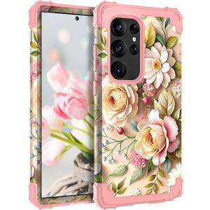 TEECOVER Heavy Duty Case for Samsung Galaxy S24 Ultra, Rose Gold Flowers | Shockproof Full-Body Drop Protection Hard Plastic Bumper + Soft Silicone Rubber Protective Case for Women Girls.