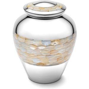 Brass Mother of Pearl Large Cremation Urns for Human Ashes Adult Size Male Female Funeral Memorial Urns for Mom Dad Son Men Women with Secured Lid Silver Finish 9" Inch 210 lbs with Velvet Bag