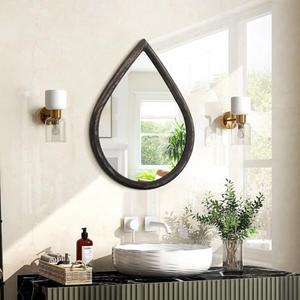 FEUFOAM Farmhouse Wall Mirror for Living Room Wood Frame Hanging Mirrors Drop-Shaped Vanity Mirror for Bathroom Bedroom Hallway Home Decor, Rustic Black, 16‘’ x 12''