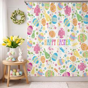 Happy Easter Shower Curtain Cute Bunny Rabbit Eggs Shower Curtains for Bathroom Spring Flower Colorful Bathroom Curtain Decoration Set with 12 Hooks Polyester Waterproof 72 x 72 Inches