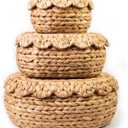 Set of 3 Wicker Storage Baskets with Lid - Decorative Handwoven Rattan Baskets for Organizing, Small Hyacinth Storage Boxes with Scalloped Edges, Natural Woven Storage Bins with Lids (Water Hyacinth)