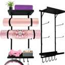 Yoga Mat Holder Wall Mount, Yoga Mats Rack with Double Floating Shelves, Yoga Accessory Storage Rack with 5 Hooks for Resistance Bands and Workout Equipment for Home Gym Storage, Black