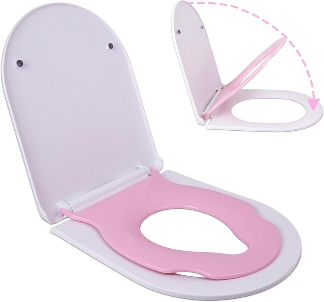 Toddler Toilet Seat with Built-In Child Seat, Soft Close, Pink