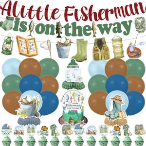 Fishing Baby Shower Decorations for Boy, Gone Fishing Baby Shower Decorations, A Little Fisherman Is on the Way Banner Cake Cupcake Toppers Balloons for Boys Baby Shower Party Decor Supplies