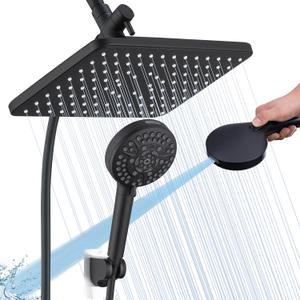 12'' Fixed High Pressure Rain Shower Head,10Modes HandHeld Shower head with Power Jets,Shower Heads with Handheld Spray Combo and 70''Soft PVC Hose Easily Detachable Showerheads Matte Black