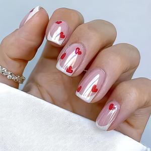 Valentine's Press on Nails Short Square Fake Nails with Red Heart Designs Nail Press ons White French Tip False Nails Glossy Full Cover Nude Glue on Nail Heart Acrylic Nails for Women
