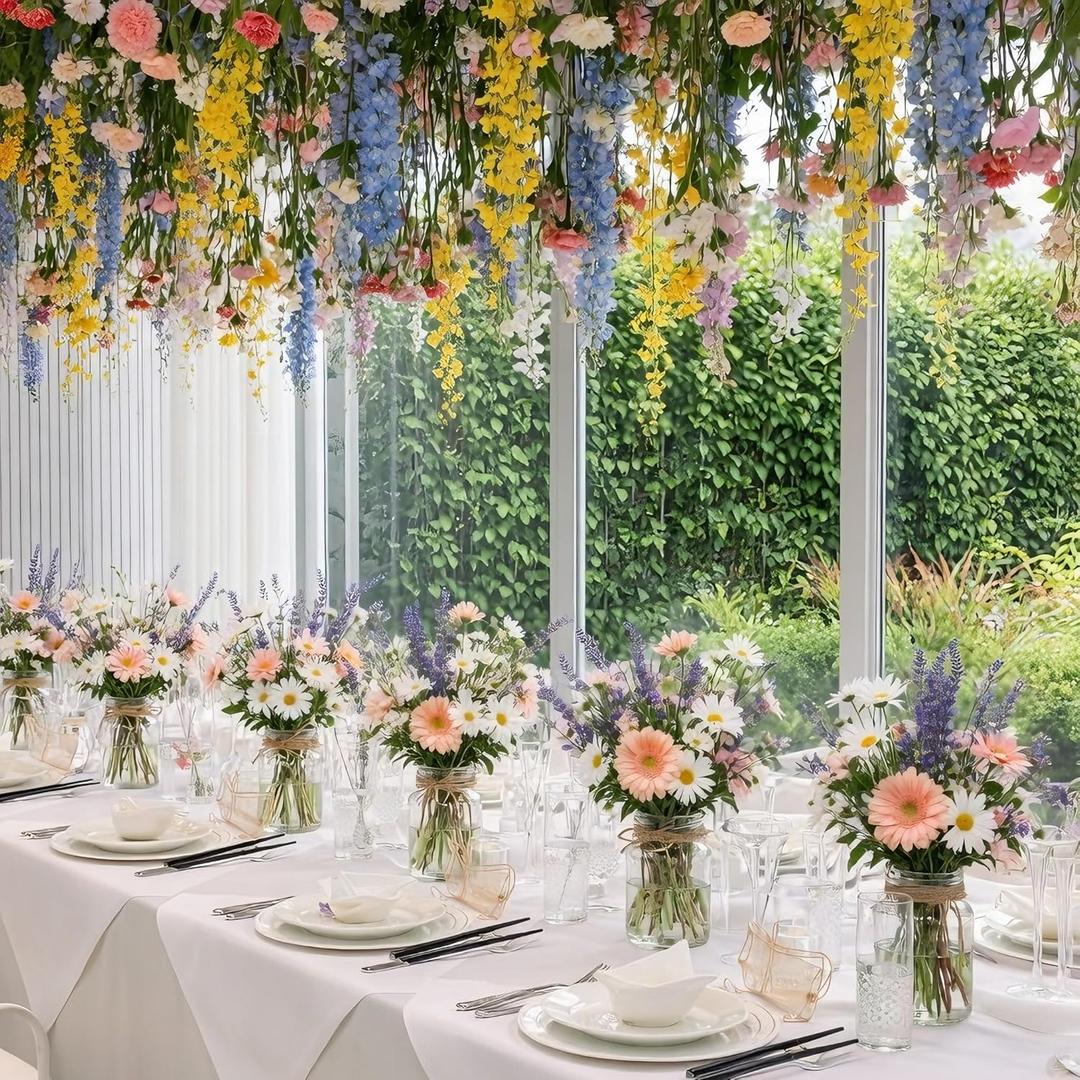 3 Pcs Artificial Flowers with Vase Spring Fake Wildflower Flowers in Vase for Home Decor Lavender Tulip Daisy Faux Floral Arrangement for Table Centerpieces Farmhouse Coffee Table Decor