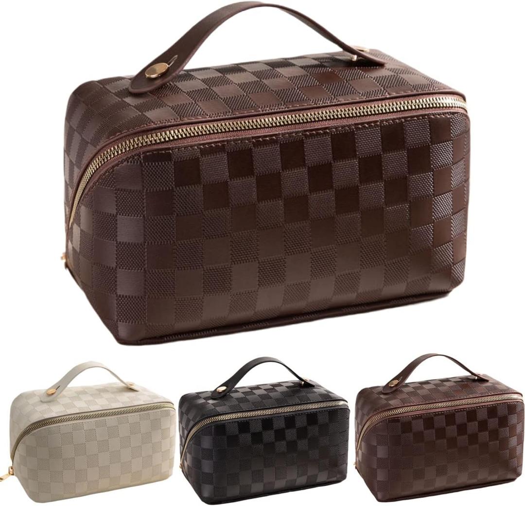Large Capacity Checkered Makeup Bags Portable Travel Cosmetic Bags Open-Flat Toiletry Waterproof Bag for Women Gift Make up Organizer with Divider and Handle Pouch Zipper Bag (latte-checkered)