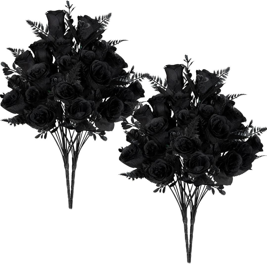 XONOR Artificial Rose Flowers - 4 Bouquets Realistic Fake Black Silk Roses for Halloween Party Fall Harvest Festival Home Centerpieces Decoration (Pack of 4, Black)
