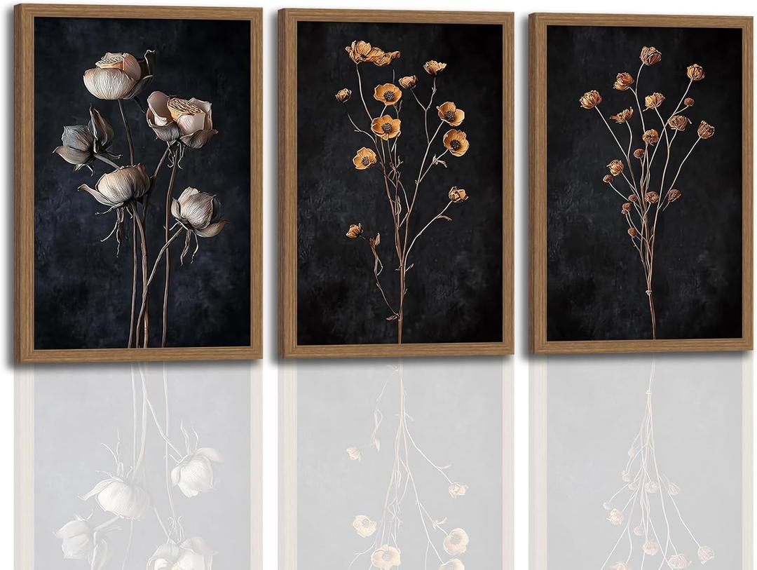 3 Pcs Moody Dried Flower Canvas Wall Art For Bedroom Dark Vintage Floral Framed Wall Art Rustic Aesthetic Botanical Art Prints for Living Room Bathroom 12x16 inch Ready to Hang