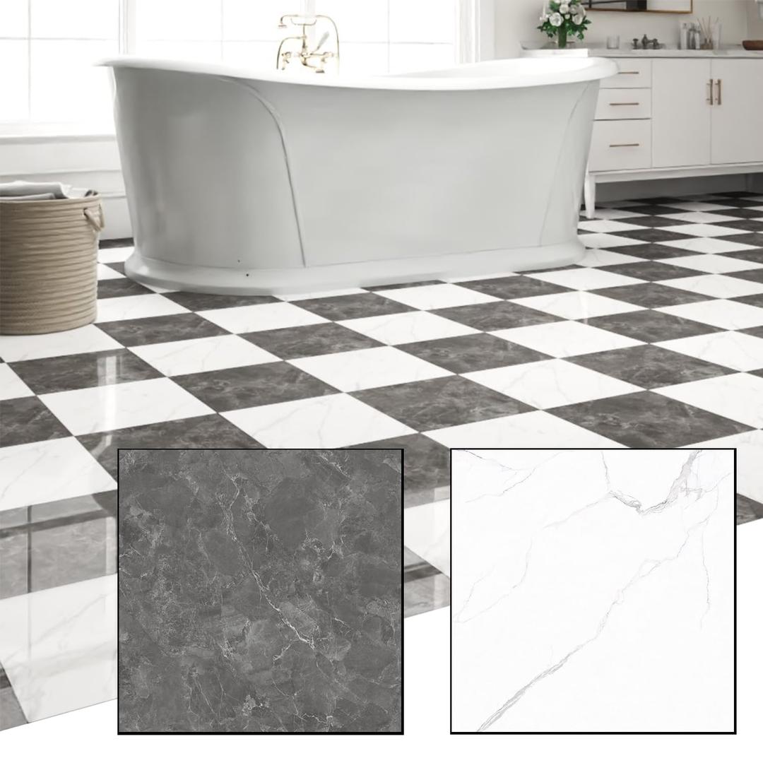 Peel and Stick Tile Vinyl Floor 40 Piece Polish 12in x 12in Cover 40 Sq. Ft, Self Adhesive Waterproof Flooring Planks for Kitchen, Dining Room, Bedrooms, Dark Gray&White Marble