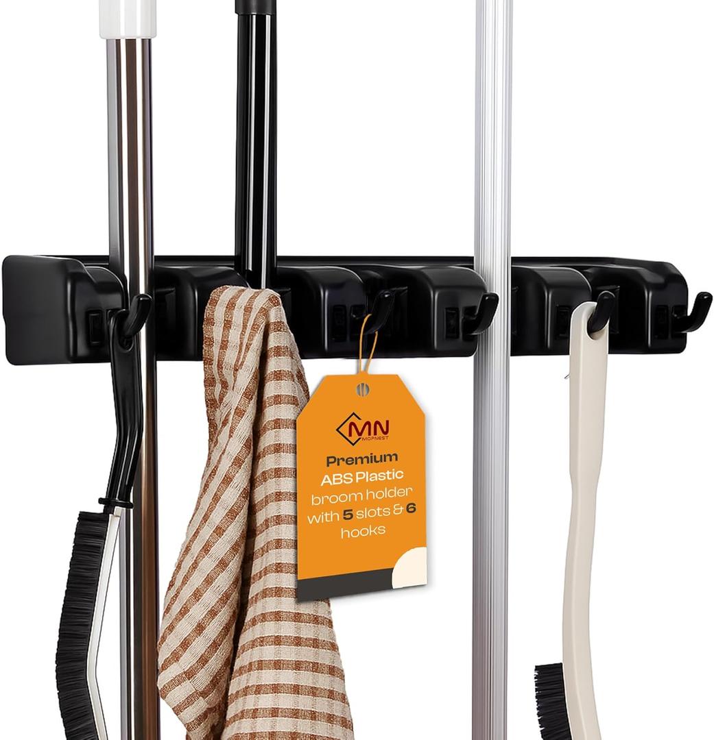 Heavy Duty ABS Plastic Broom Holder with 5 Slots and 6 Hooks | Wall Mount Mop and Broom Hanger | Waterproof Broom Organizer with Screws| Wall Mount Tool Organizer for Garage Storage