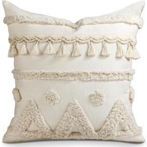 Throw Pillow Covers 18x18 - Tufted Boho Decorative Pillow Cover with Zipper for Couch Sofa Bed Living Room Aesthetic Soft Farmhouse Textured Striped Indoor Pillowcase, Cream Tassel