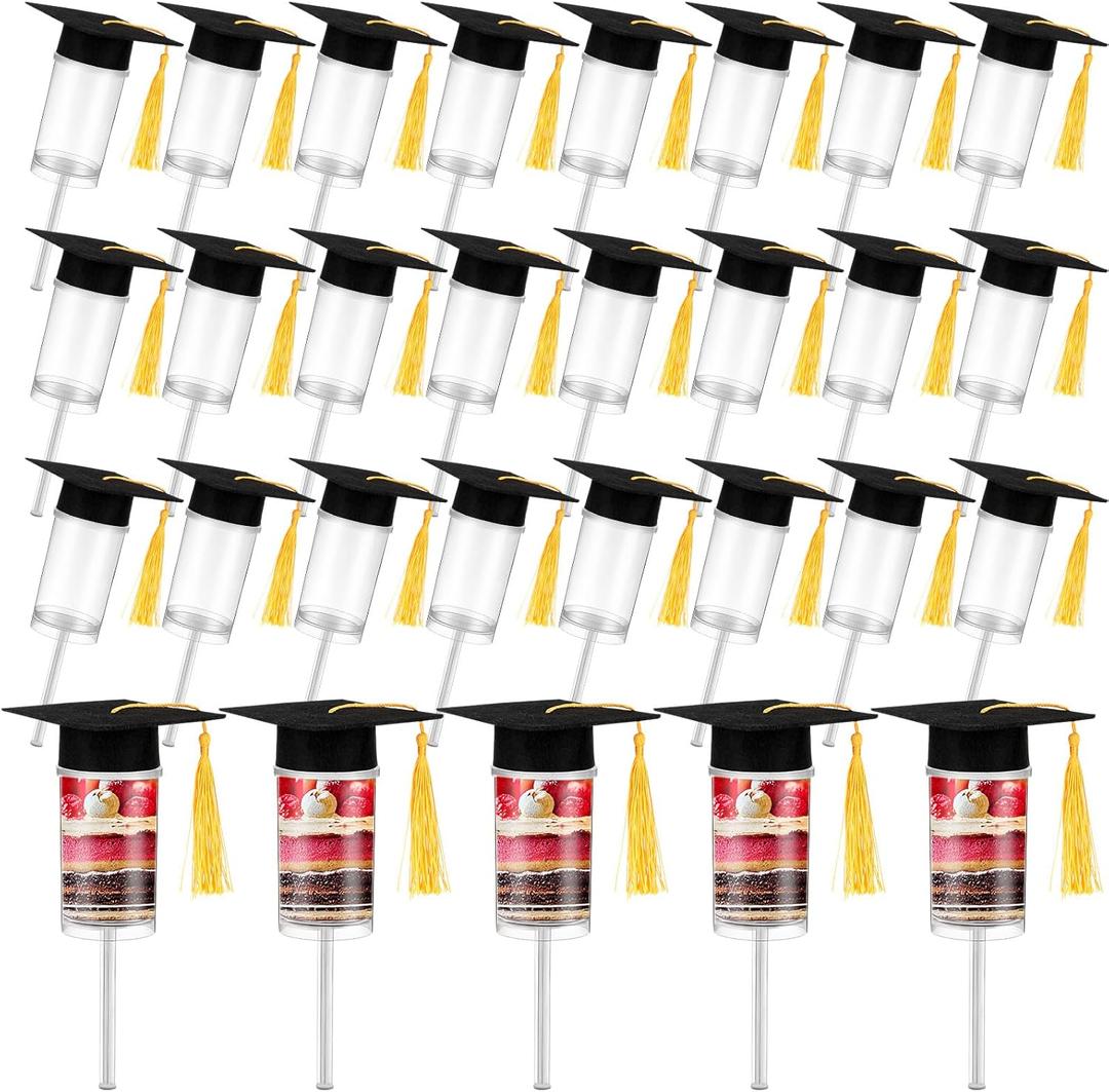 24 Pcs Cake Push Containers with Graduation Caps Clear Round Plastic Cake Pop Shooter Stand with Lids for Grad Party Supplies Graduation Party Favors Pop Desserts Ice Cream