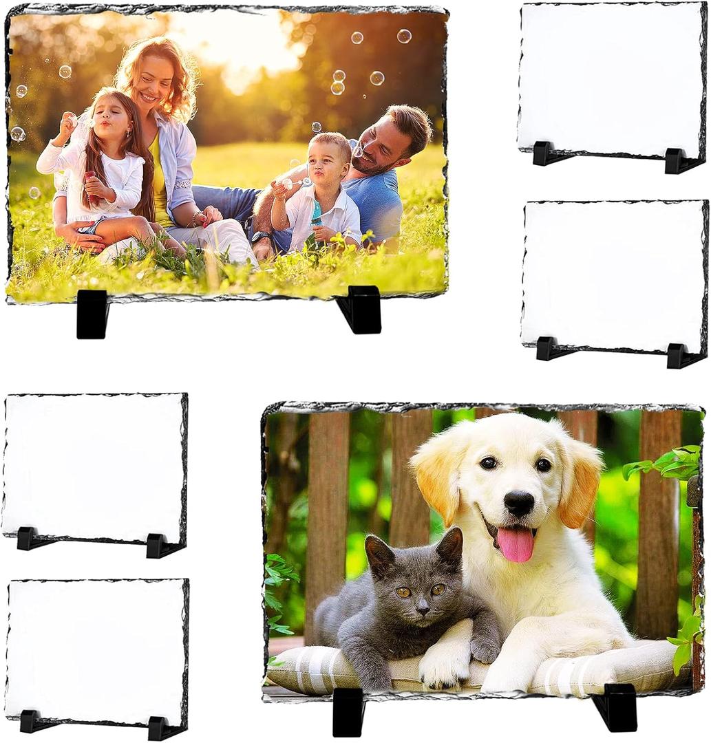5 Pack Sublimation Slate Blanks,Heat Thermal Transfer Sheet Stone Photo Frame DIY Sublimation Blank with Display Holder for Desktop Souvenir Custom Design Work